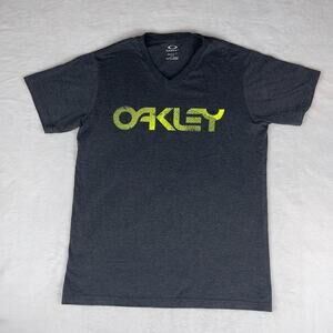 Oakley T-Shirt Men Small Gray Yellow Spell Out Logo V-Neck Short Sleeve Pullover
